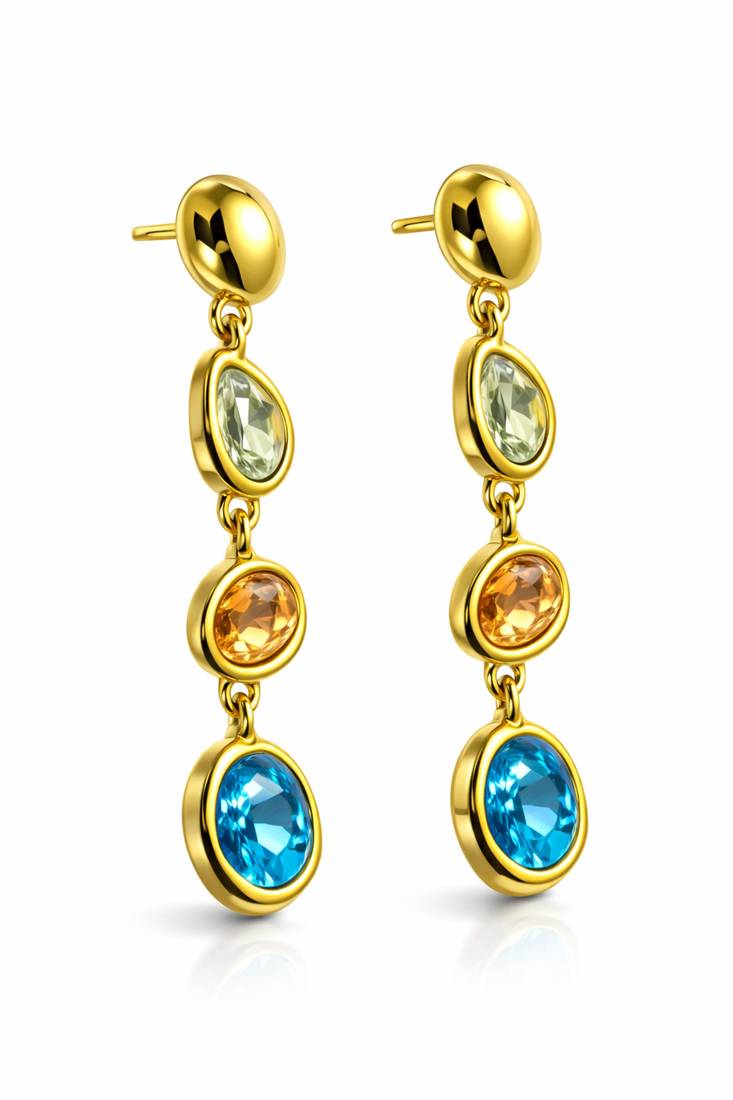 Gold tone drop earrings with multi-color crystal stones, dangle style, blue peach clear gems