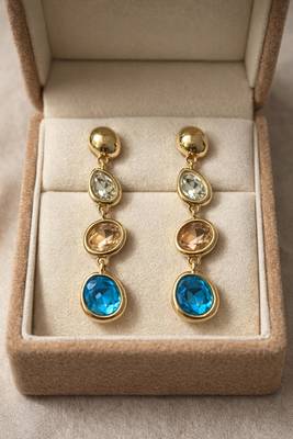 Gold tone drop earrings with multi-color crystal stones, dangle style, blue peach clear gems 4