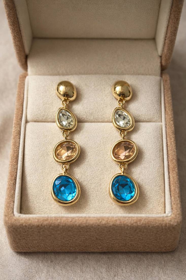 Gold tone drop earrings with multi-color crystal stones, dangle style, blue peach clear gems