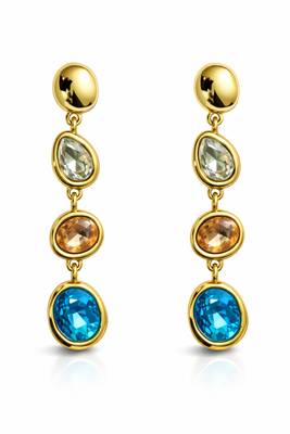 Gold tone drop earrings with multi-color crystal stones, dangle style, blue peach clear gems 5