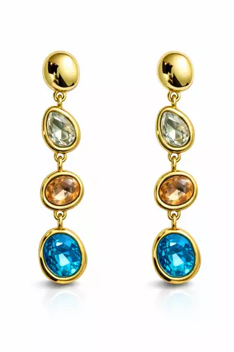 Gold tone drop earrings with multi-color crystal stones, dangle style, blue peach clear gems