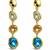 Gold tone drop earrings with multi-color crystal stones, dangle style, blue peach clear gems