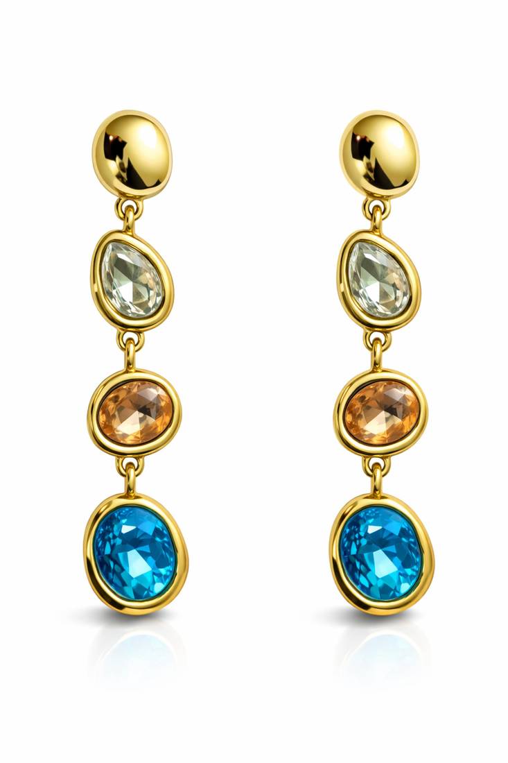 Gold tone drop earrings with multi-color crystal stones, dangle style, blue peach clear gems