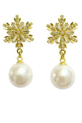 Crystal snowflake and pearl drop earrings, baguette cz stud, bridal jewellery, anti tarnish jewellery 1
