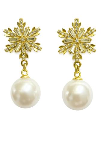 Crystal snowflake and pearl drop earrings, baguette cz stud, bridal jewellery, anti tarnish jewellery