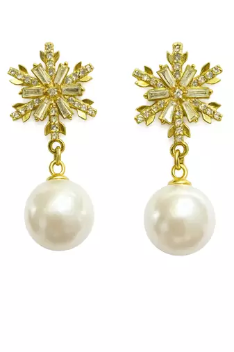 Crystal snowflake and pearl drop earrings, baguette cz stud, bridal jewellery, anti tarnish jewellery