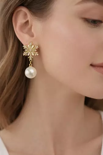 Crystal snowflake and pearl drop earrings, baguette cz stud, bridal jewellery, anti tarnish jewellery