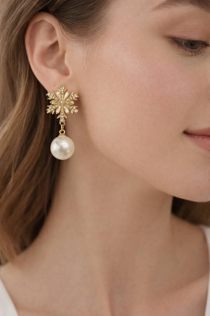 Crystal snowflake and pearl drop earrings, baguette cz stud, bridal jewellery, anti tarnish jewellery