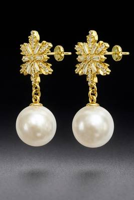Crystal snowflake and pearl drop earrings, baguette cz stud, bridal jewellery, anti tarnish jewellery 3