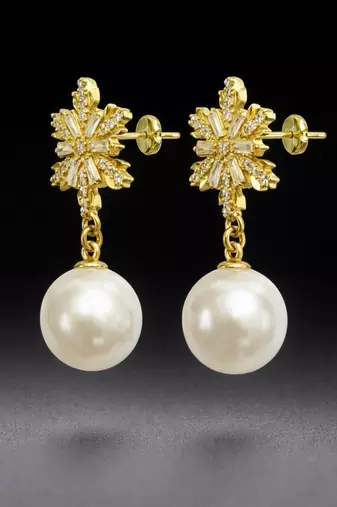 Crystal snowflake and pearl drop earrings, baguette cz stud, bridal jewellery, anti tarnish jewellery