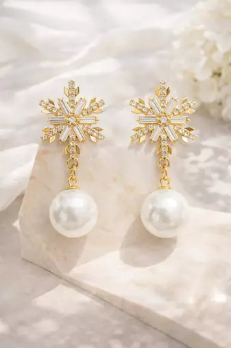 Crystal snowflake and pearl drop earrings, baguette cz stud, bridal jewellery, anti tarnish jewellery
