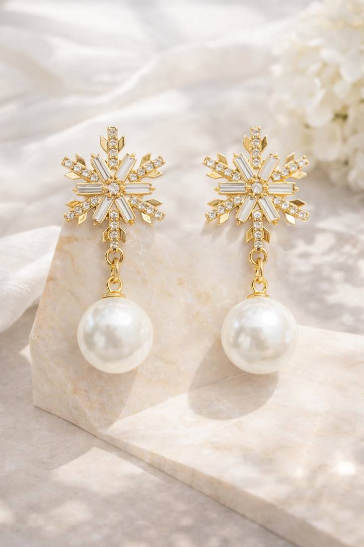 Crystal snowflake and pearl drop earrings, baguette cz stud, bridal jewellery, anti tarnish jewellery