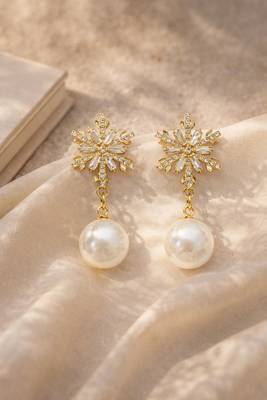 Crystal snowflake and pearl drop earrings, baguette cz stud, bridal jewellery, anti tarnish jewellery 5