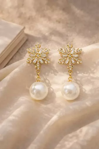 Crystal snowflake and pearl drop earrings, baguette cz stud, bridal jewellery, anti tarnish jewellery