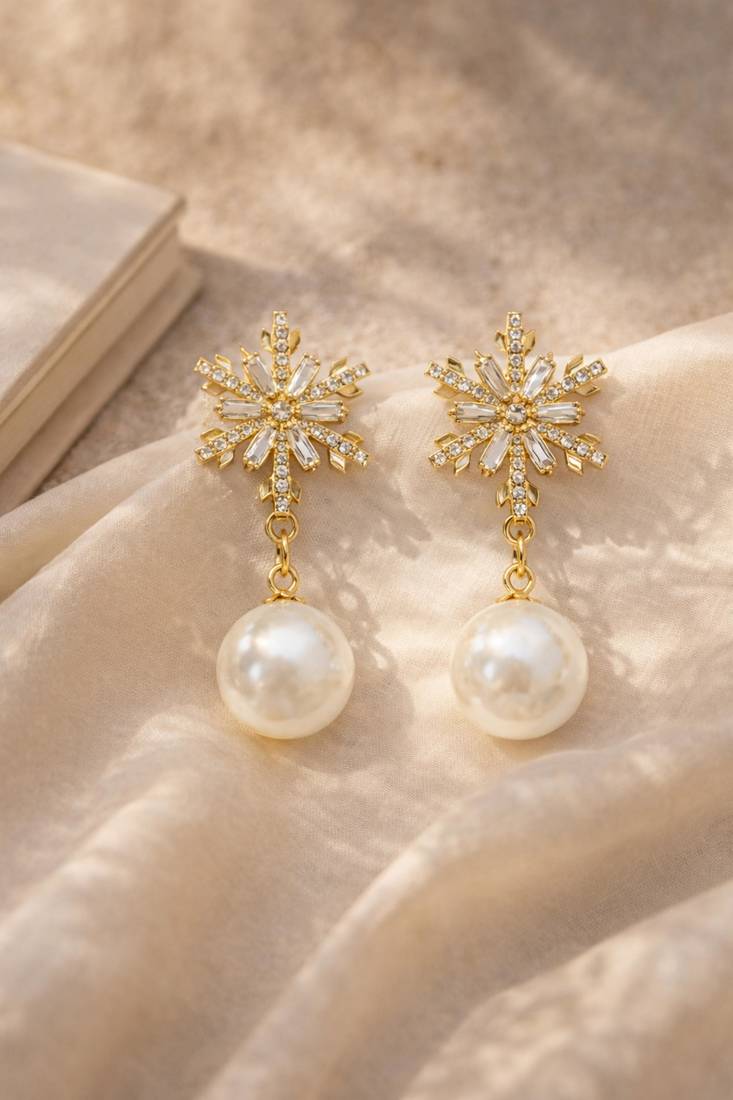 Crystal snowflake and pearl drop earrings, baguette cz stud, bridal jewellery, anti tarnish jewellery