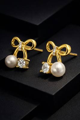 Bow stud earrings with pearl and crystal embellishments, elegant jewellery, anti tarnish jewellery 1