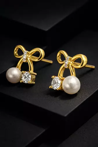 Bow stud earrings with pearl and crystal embellishments, elegant jewellery, anti tarnish jewellery