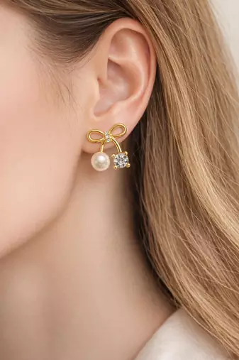 Bow stud earrings with pearl and crystal embellishments, elegant jewellery, anti tarnish jewellery