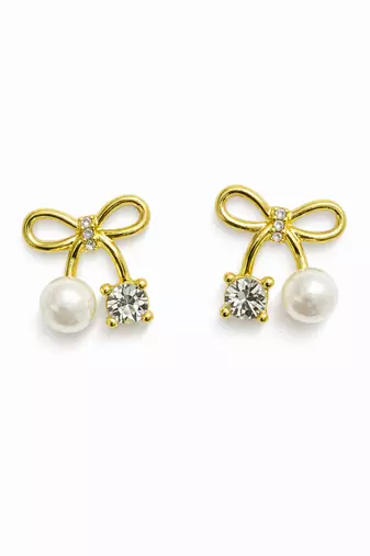 Bow stud earrings with pearl and crystal embellishments, elegant jewellery, anti tarnish jewellery