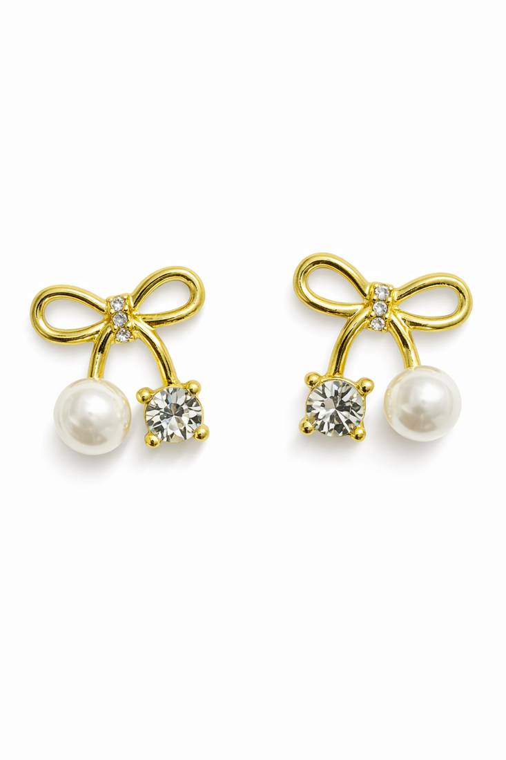 Bow stud earrings with pearl and crystal embellishments, elegant jewellery, anti tarnish jewellery