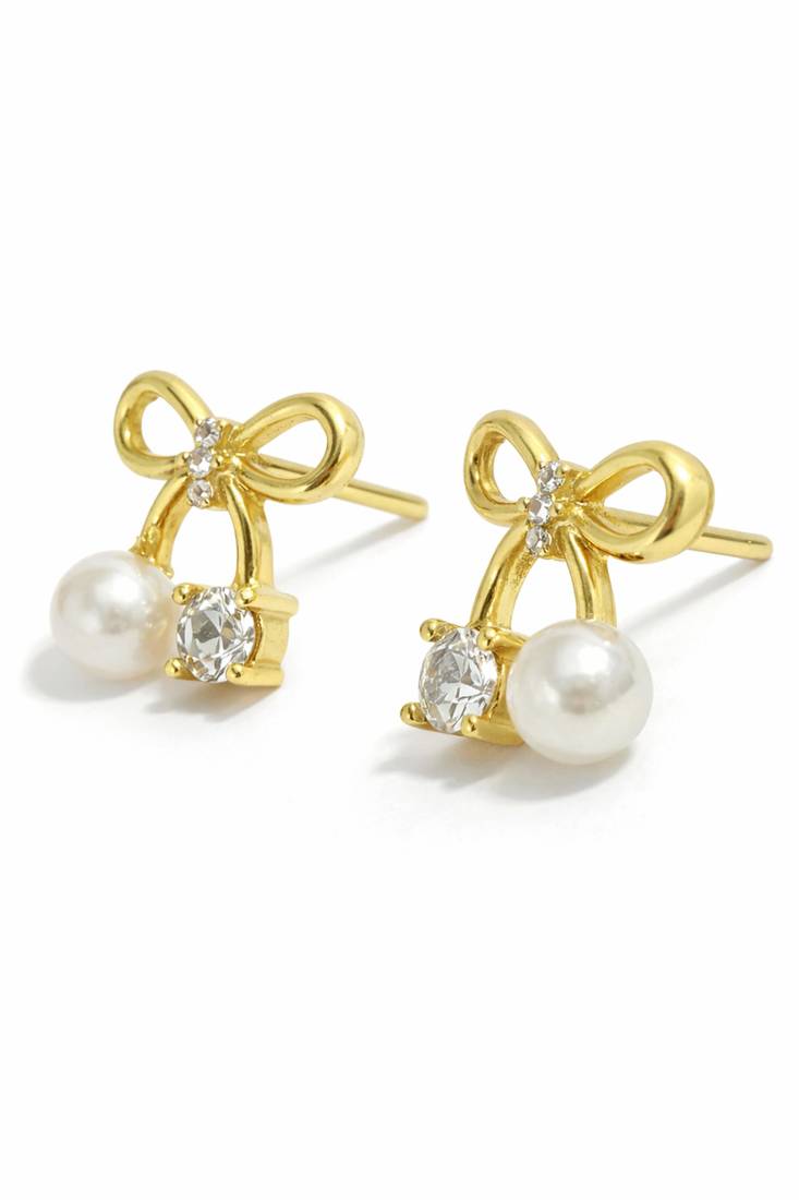 Bow stud earrings with pearl and crystal embellishments, elegant jewellery, anti tarnish jewellery