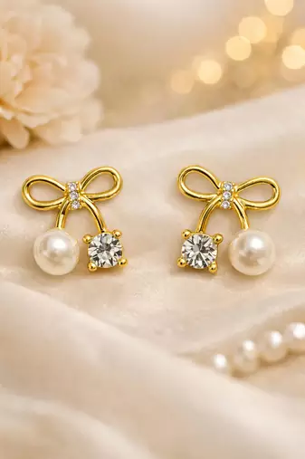 Bow stud earrings with pearl and crystal embellishments, elegant jewellery, anti tarnish jewellery