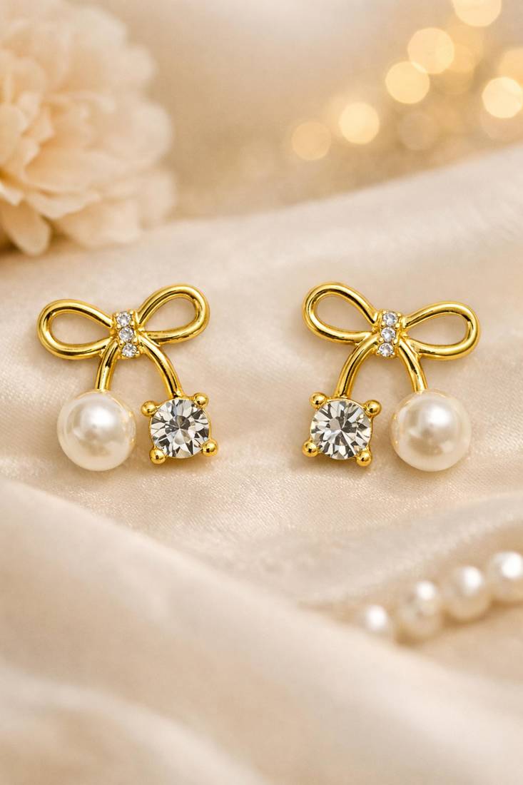 Bow stud earrings with pearl and crystal embellishments, elegant jewellery, anti tarnish jewellery