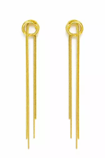 Knot stud earrings with long snake chain fringe tassel drop, elegant dangle style