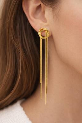 Knot stud earrings with long snake chain fringe tassel drop, elegant dangle style 2