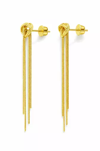Knot stud earrings with long snake chain fringe tassel drop, elegant dangle style
