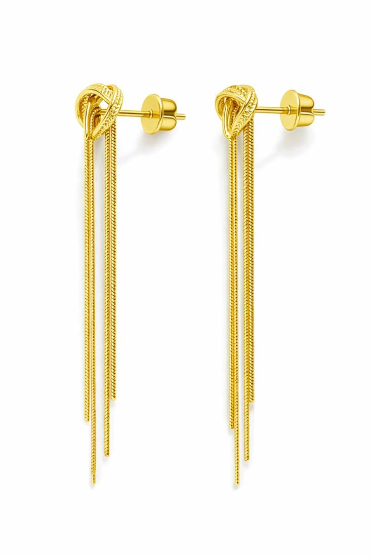 Knot stud earrings with long snake chain fringe tassel drop, elegant dangle style