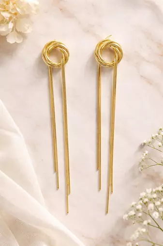 Knot stud earrings with long snake chain fringe tassel drop, elegant dangle style