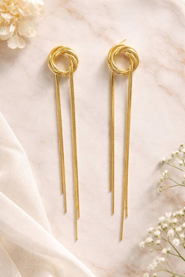 Knot stud earrings with long snake chain fringe tassel drop, elegant dangle style