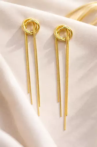Knot stud earrings with long snake chain fringe tassel drop, elegant dangle style