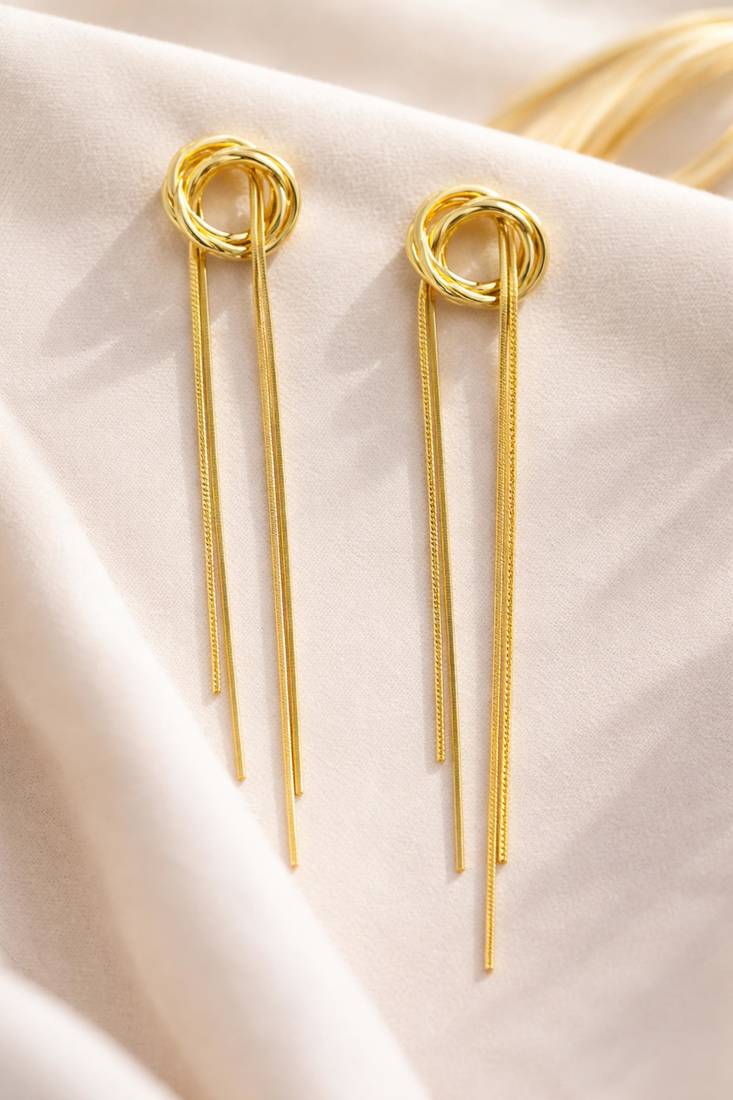 Knot stud earrings with long snake chain fringe tassel drop, elegant dangle style