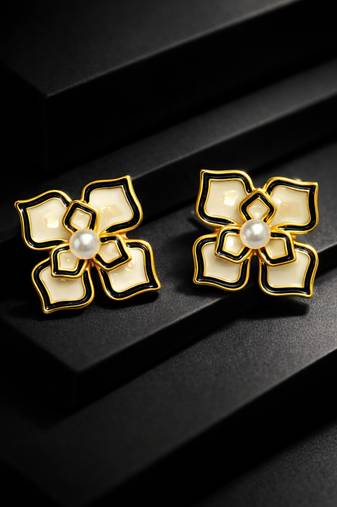 Flower stud earrings, gold-tone enamel with pearl centre, black and cream, push-back closure