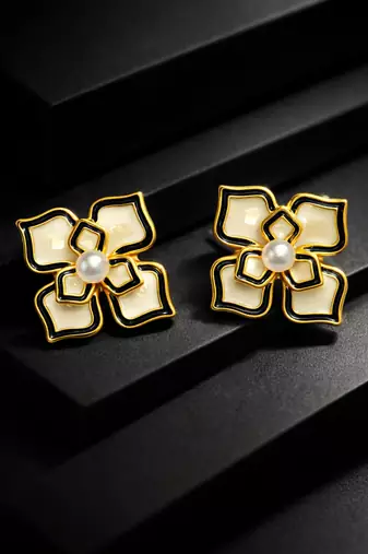Flower stud earrings, gold-tone enamel with pearl centre, black and cream, push-back closure