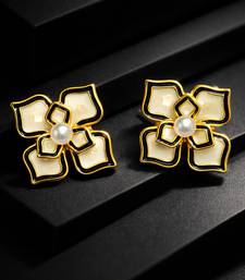 Flower stud earrings, gold-tone enamel with pearl centre, black and cream, push-back closure