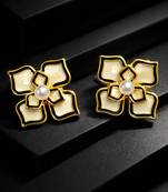 Flower stud earrings, gold-tone enamel with pearl centre, black and cream, push-back closure