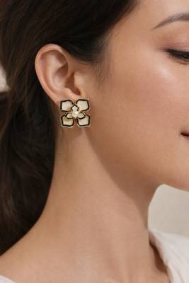 Flower stud earrings, gold-tone enamel with pearl centre, black and cream, push-back closure 2