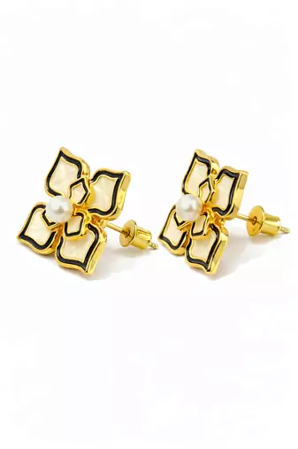 Flower stud earrings, gold-tone enamel with pearl centre, black and cream, push-back closure