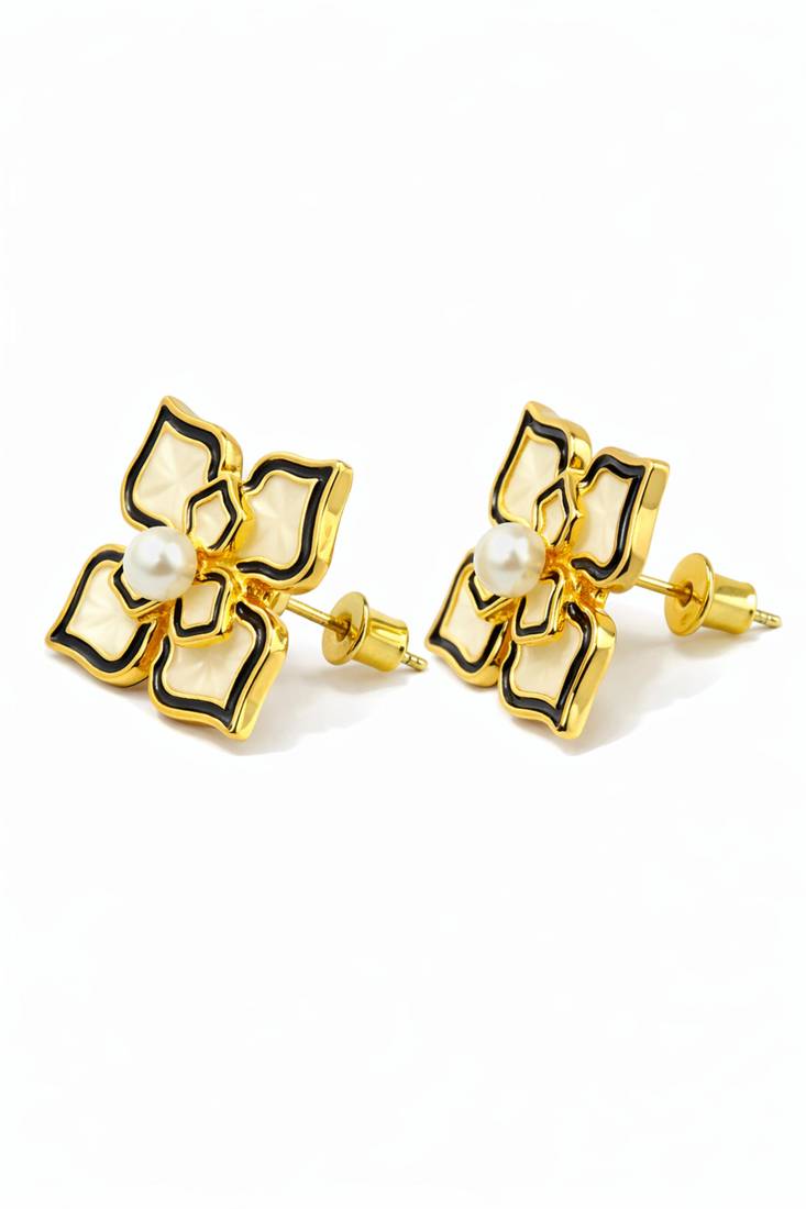 Flower stud earrings, gold-tone enamel with pearl centre, black and cream, push-back closure