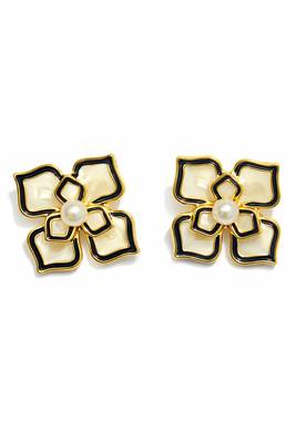 Flower stud earrings, gold-tone enamel with pearl centre, black and cream, push-back closure 4