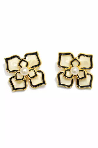 Flower stud earrings, gold-tone enamel with pearl centre, black and cream, push-back closure