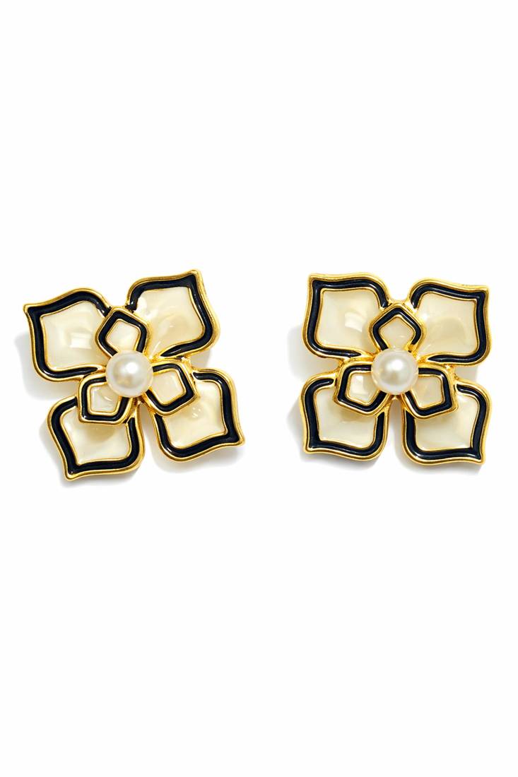 Flower stud earrings, gold-tone enamel with pearl centre, black and cream, push-back closure