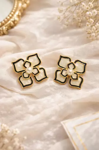 Flower stud earrings, gold-tone enamel with pearl centre, black and cream, push-back closure