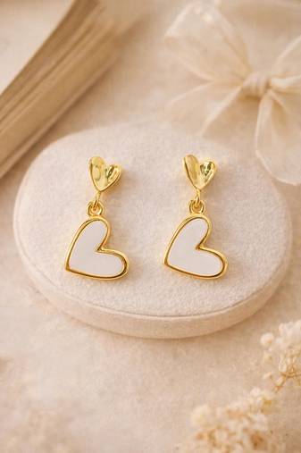 Gold-tone double heart drop earrings, white enamel pendant, stud back, dangle style