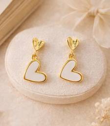Gold-tone double heart drop earrings, white enamel pendant, stud back, dangle style