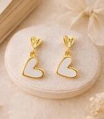 Gold-tone double heart drop earrings, white enamel pendant, stud back, dangle style