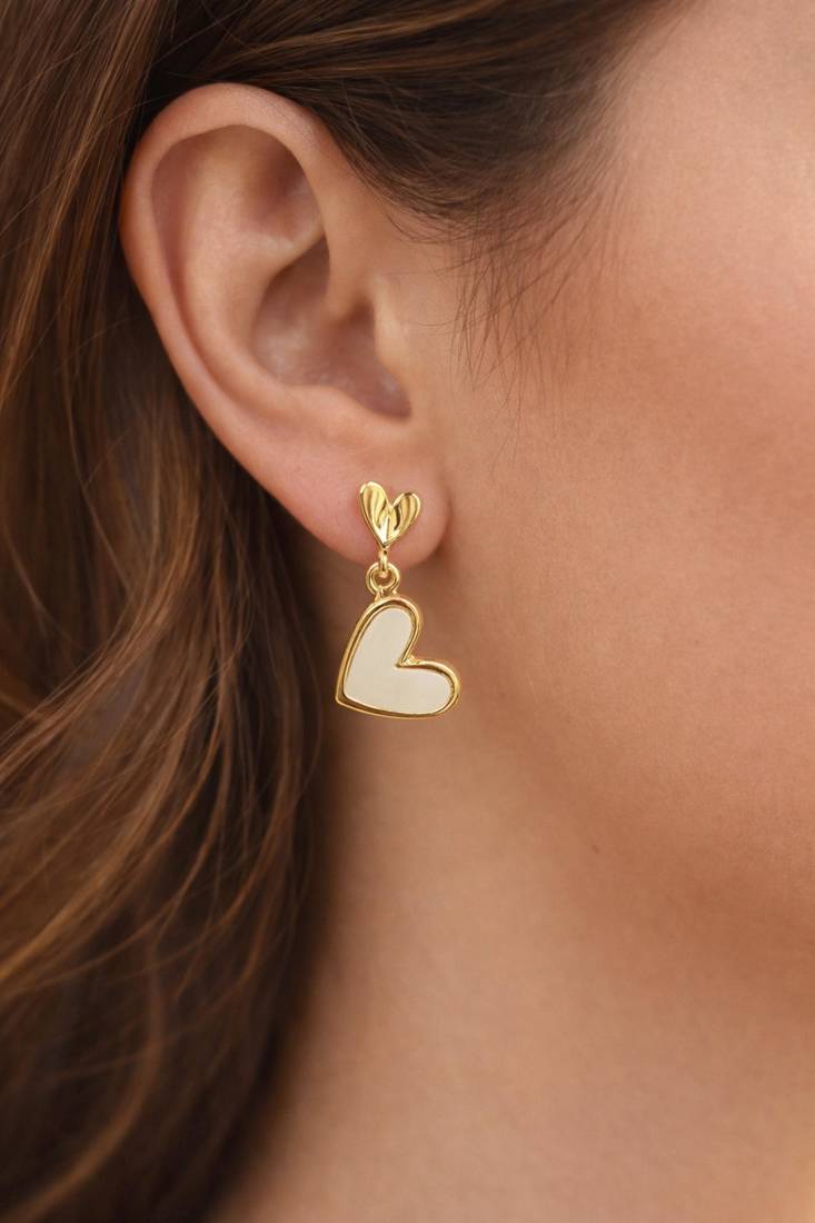 Gold-tone double heart drop earrings, white enamel pendant, stud back, dangle style